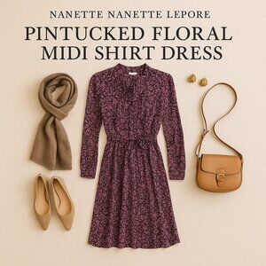 Nanette Nanette Lepore Pintucked Floral Midi Shirt Dress Black & Pink Belted 8